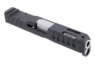 This stainless steel Glock 19 slide omits iron sights, allowing users to select their own.